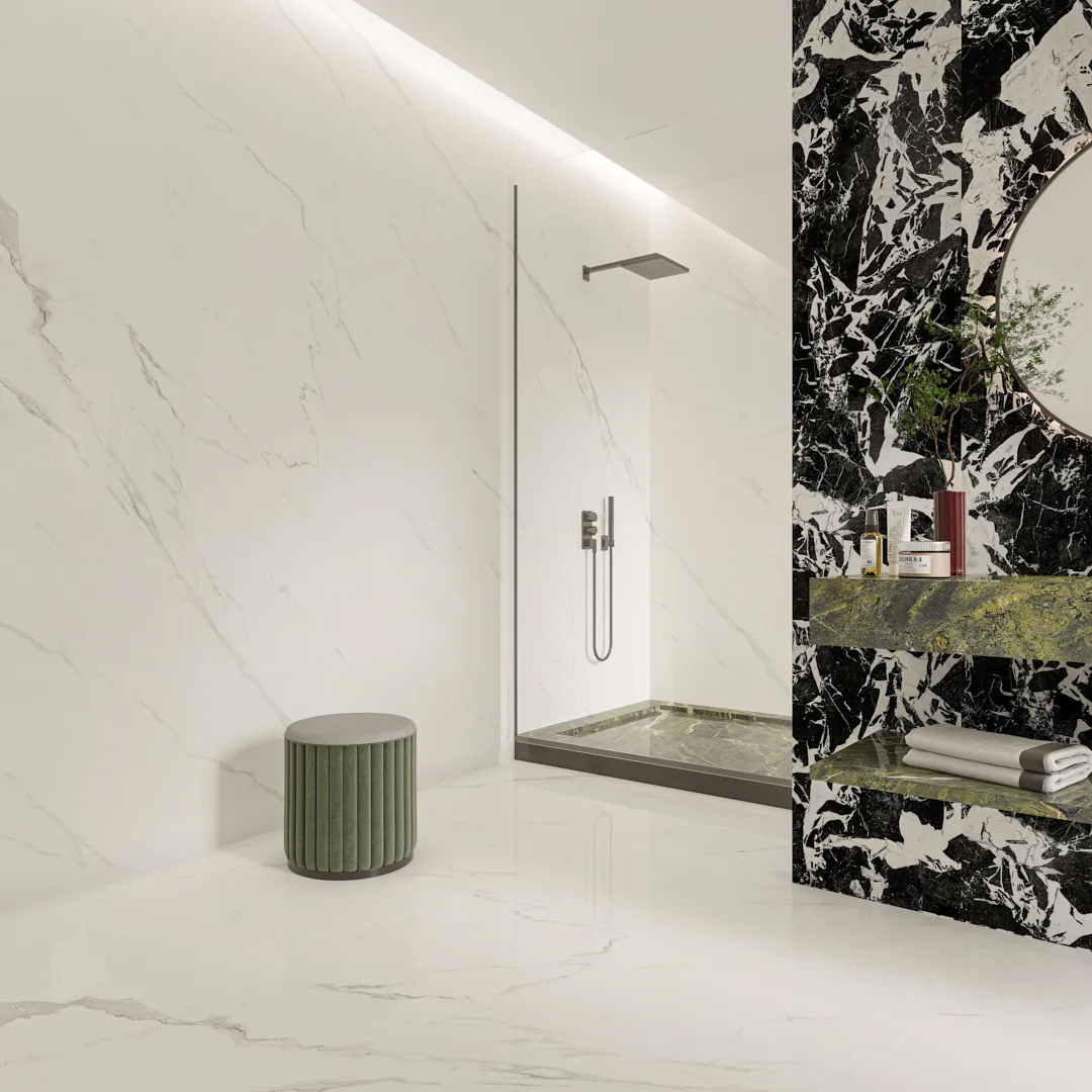 bathroom interior wall clad with glossy white marble look sintered stone large slab