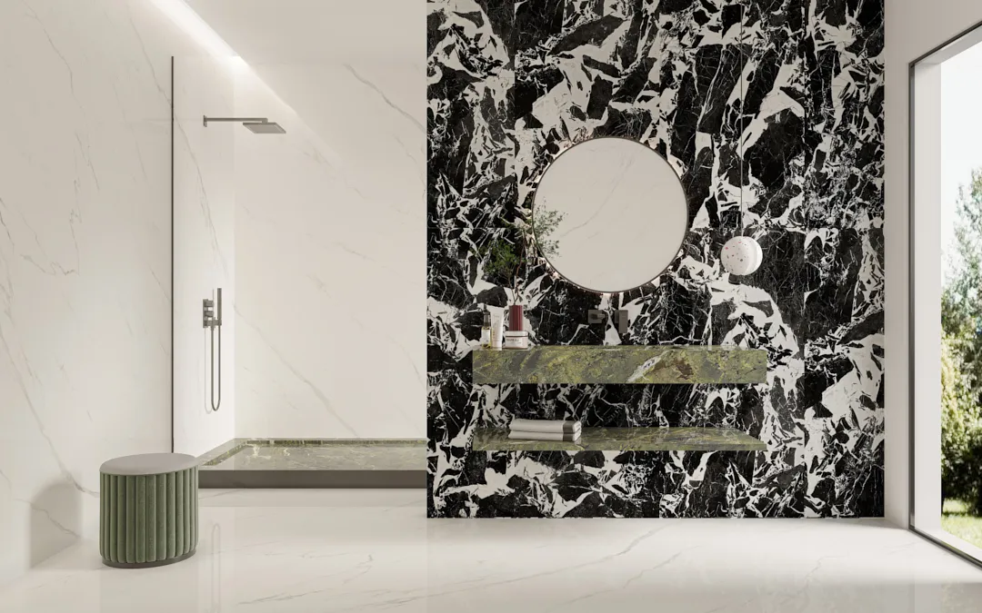modern bathroom wall application with polished white marble look sintered stone slab