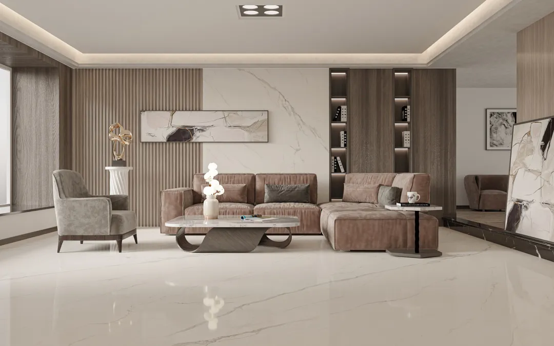 living room interior using polished white marble look sintered stone on floor and feature wall