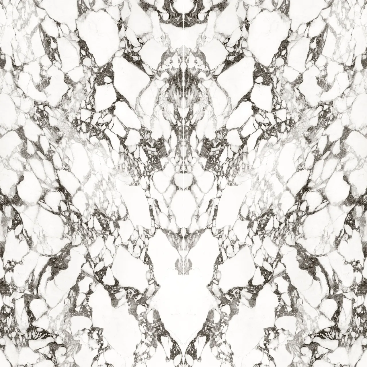 Large format marble look white sintered stone bookmatch slab design with black veining matte textured glazed surface