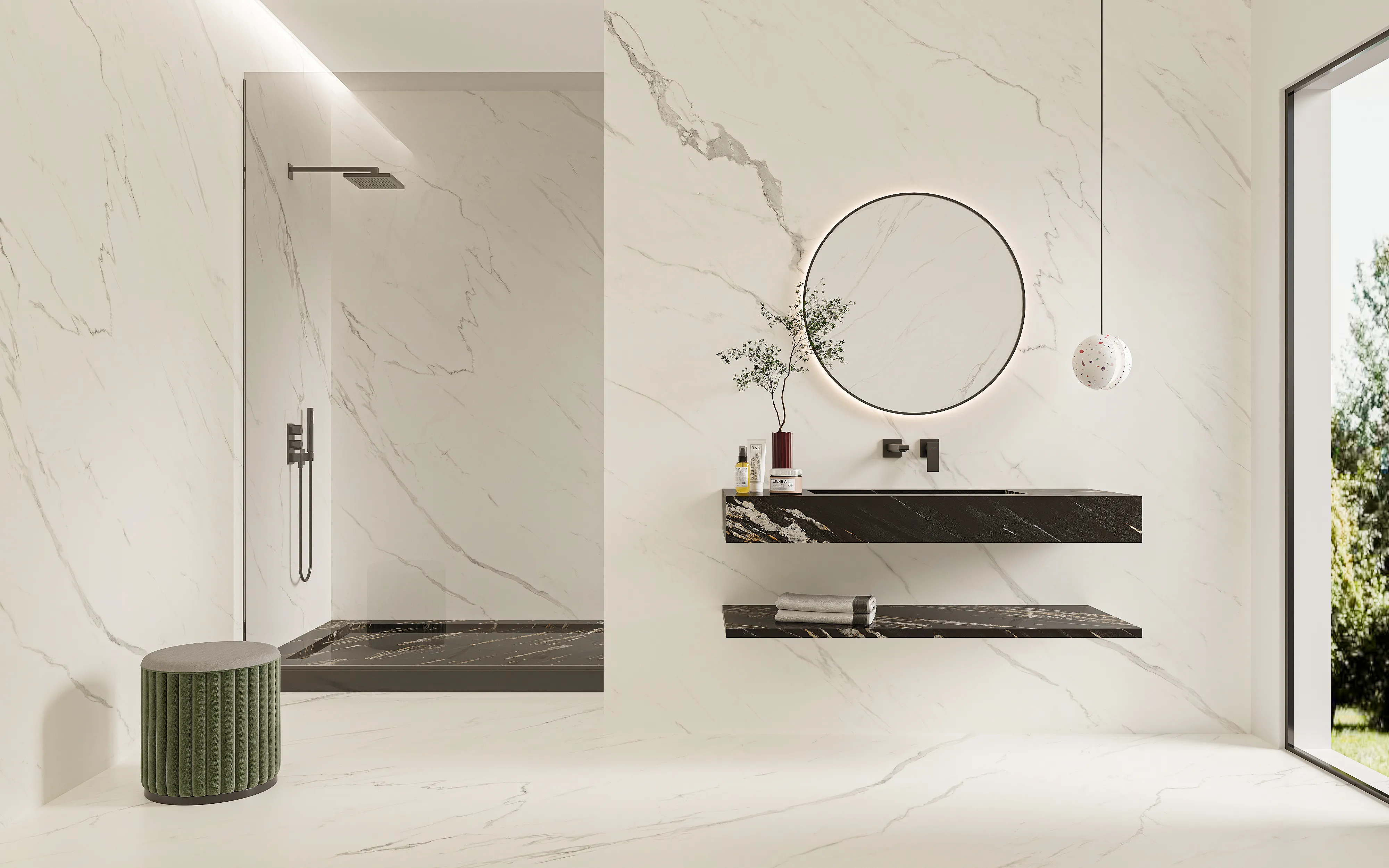 1200×2700×6mm marble look satin white sintered stone used for modern bathroom wall and floor application with large format marble effect surface