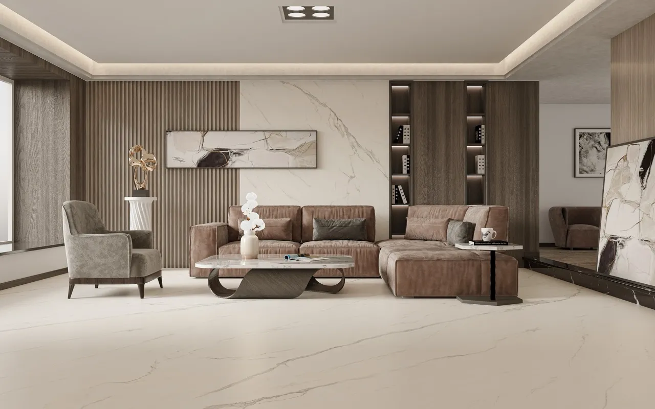 large format marble look satin white sintered stone used for modern living room wall and floor interior application