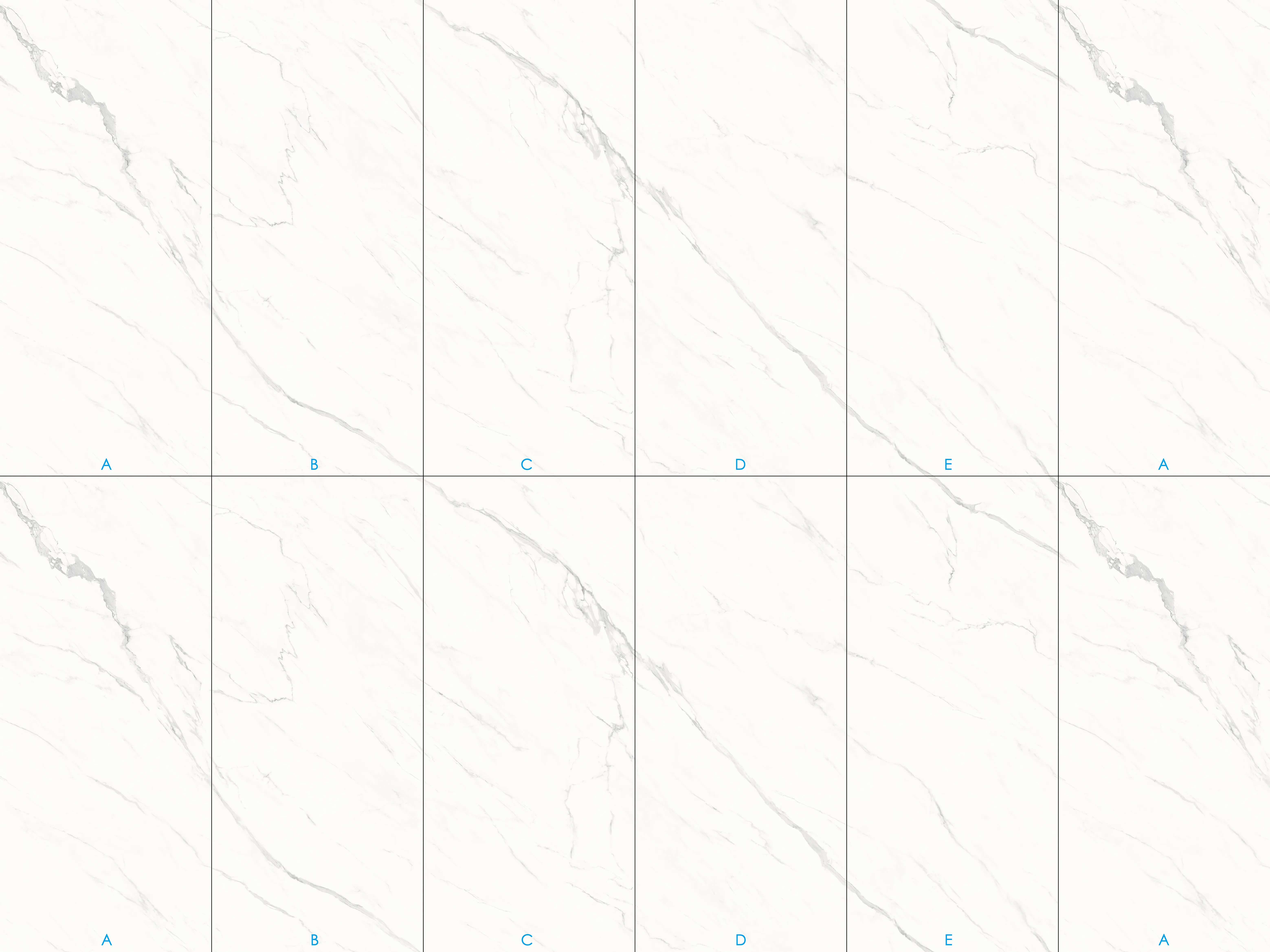 MA1227011SL marble look satin white sintered stone slab continuous vein layout showing A B C D E pattern matching design