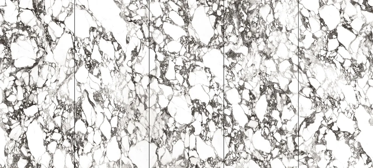 5 pattern layout of glazed satin white sintered stone with black marble veining for flooring and decorative applications