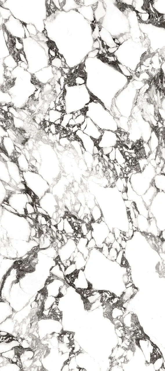pattern E white sintered stone slab with bold black marble veining and breccia inspired stone pattern