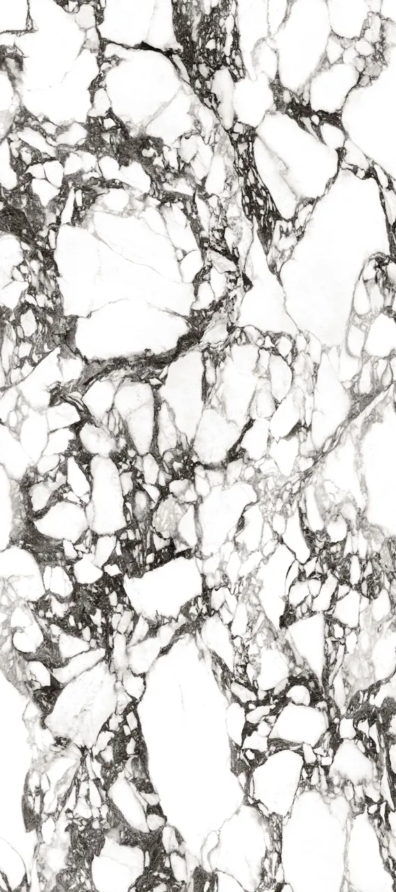 pattern A glazed satin white sintered stone slab with bold black marble veining and fragmented stone texture