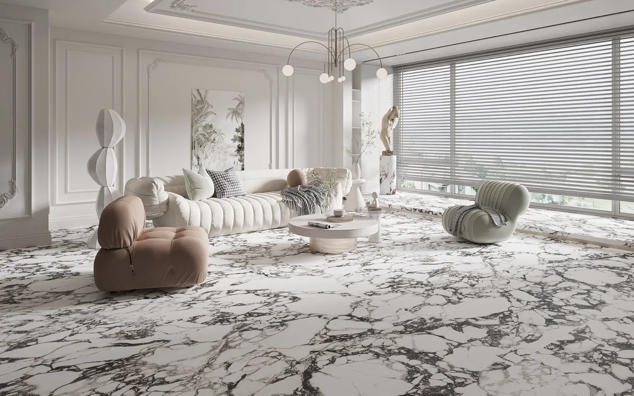 glazed satin white sintered stone with black marble veining used for luxury living room flooring application
