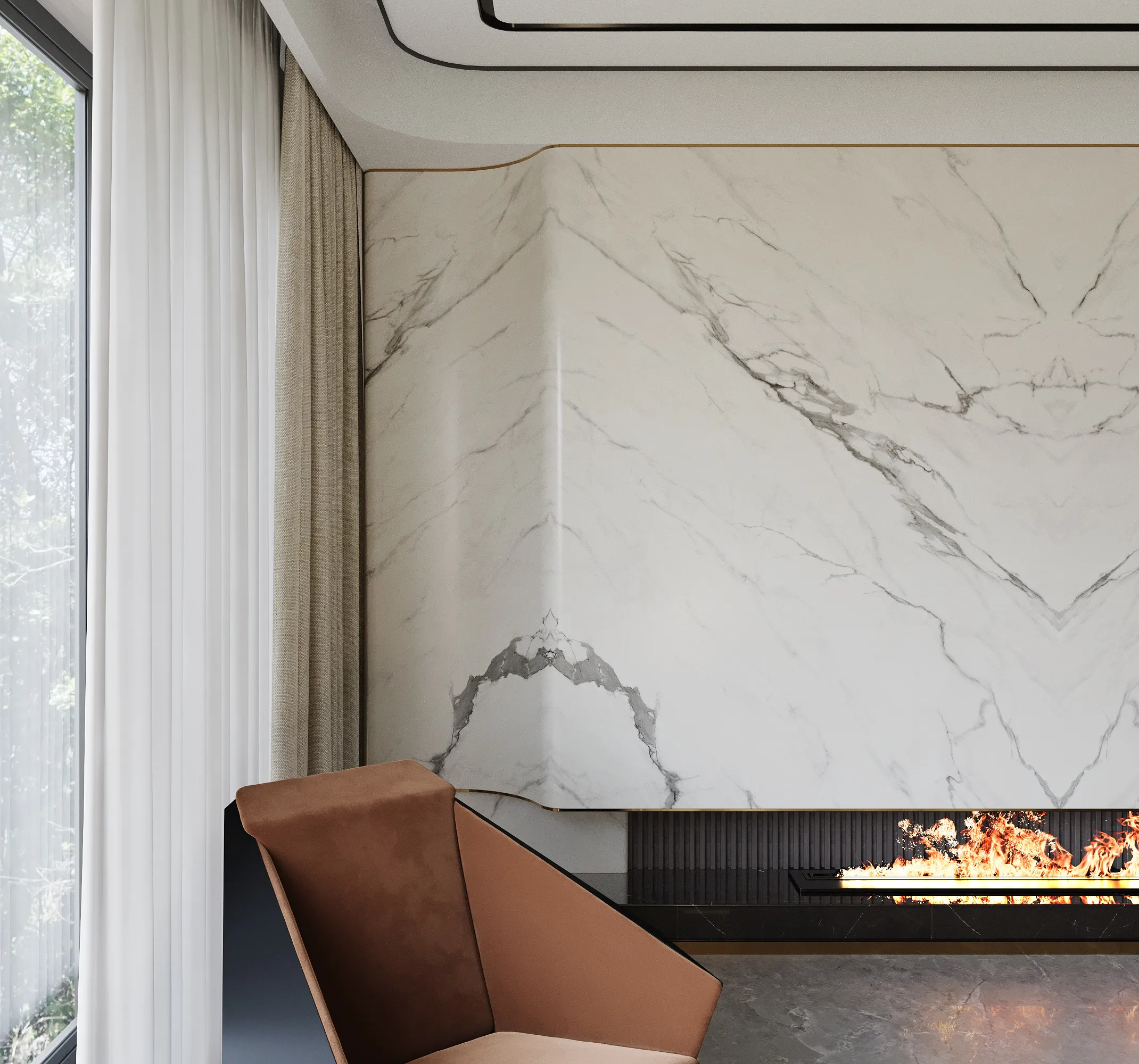 large format marble look matte textured white sintered stone used for modern fireplace wall application