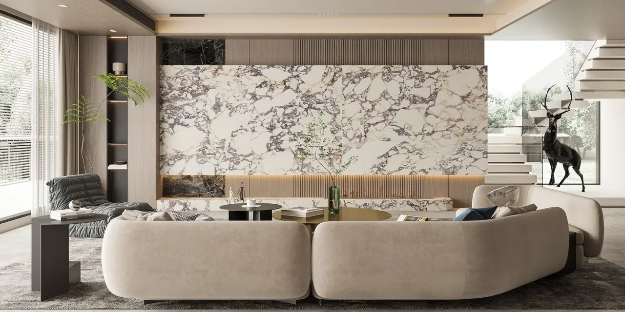 Large format white sintered stone wall cladding with purple marble veining