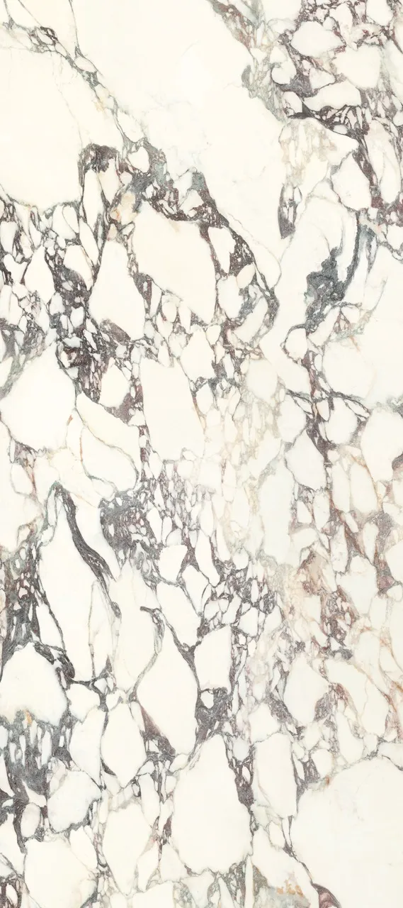 White sintered stone slab with purple marble veining satin glazed finish