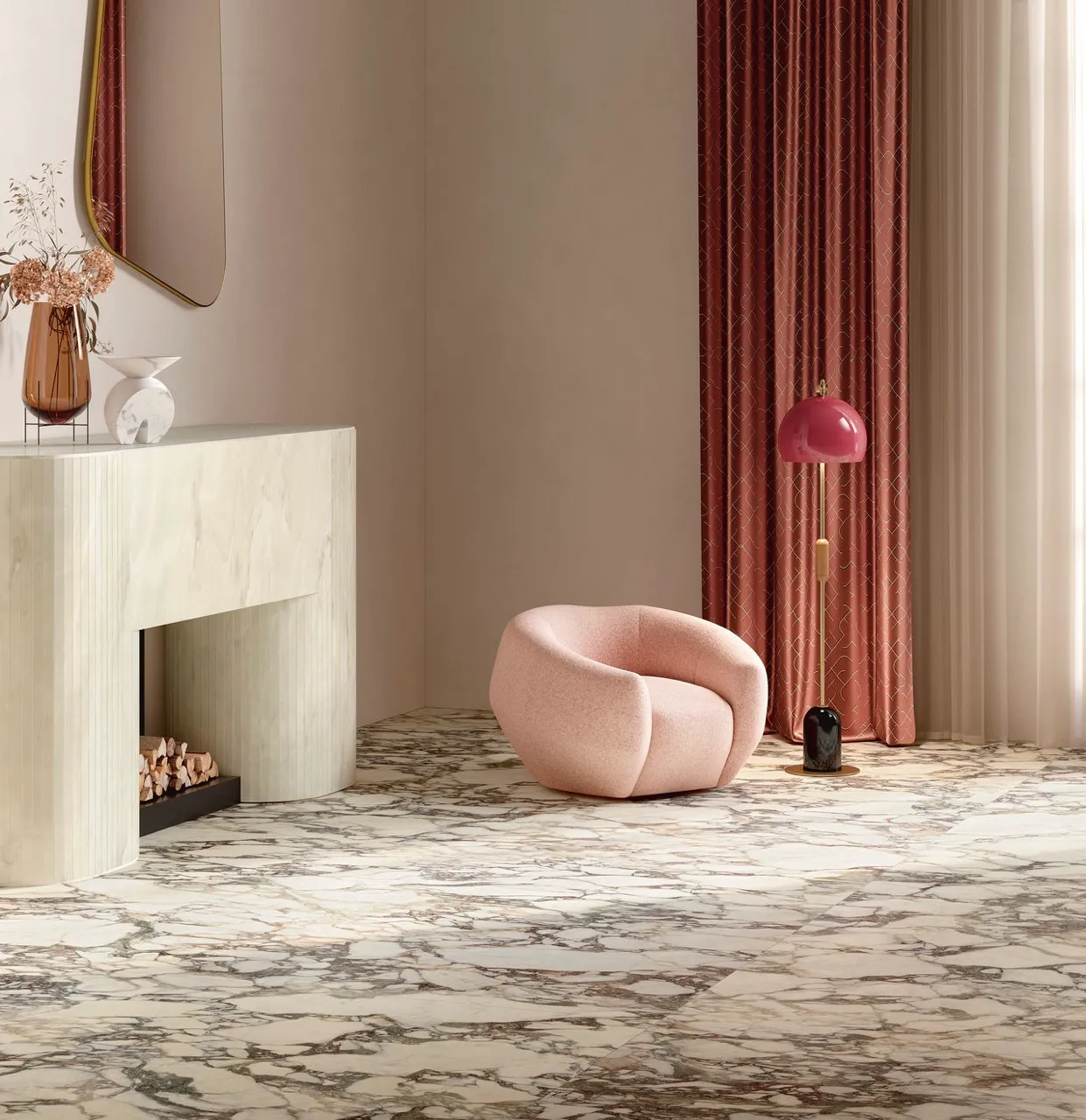 Marble look white sintered stone floor application with purple marble veining in modern interior space
