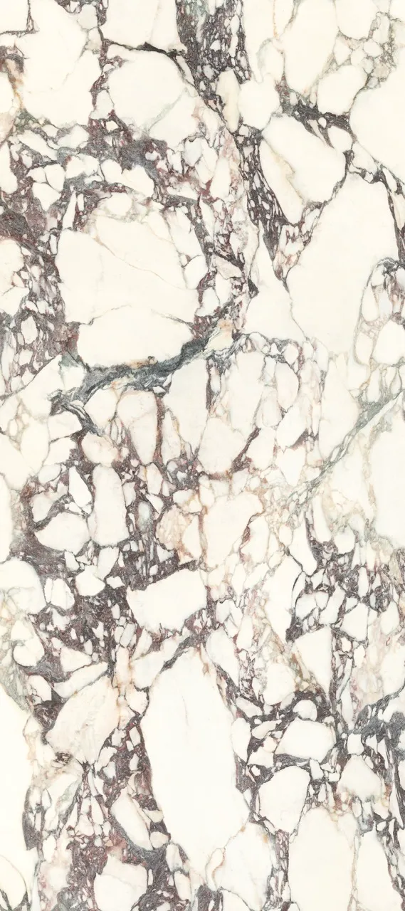 Large format satin white sintered stone slab with purple marble veining