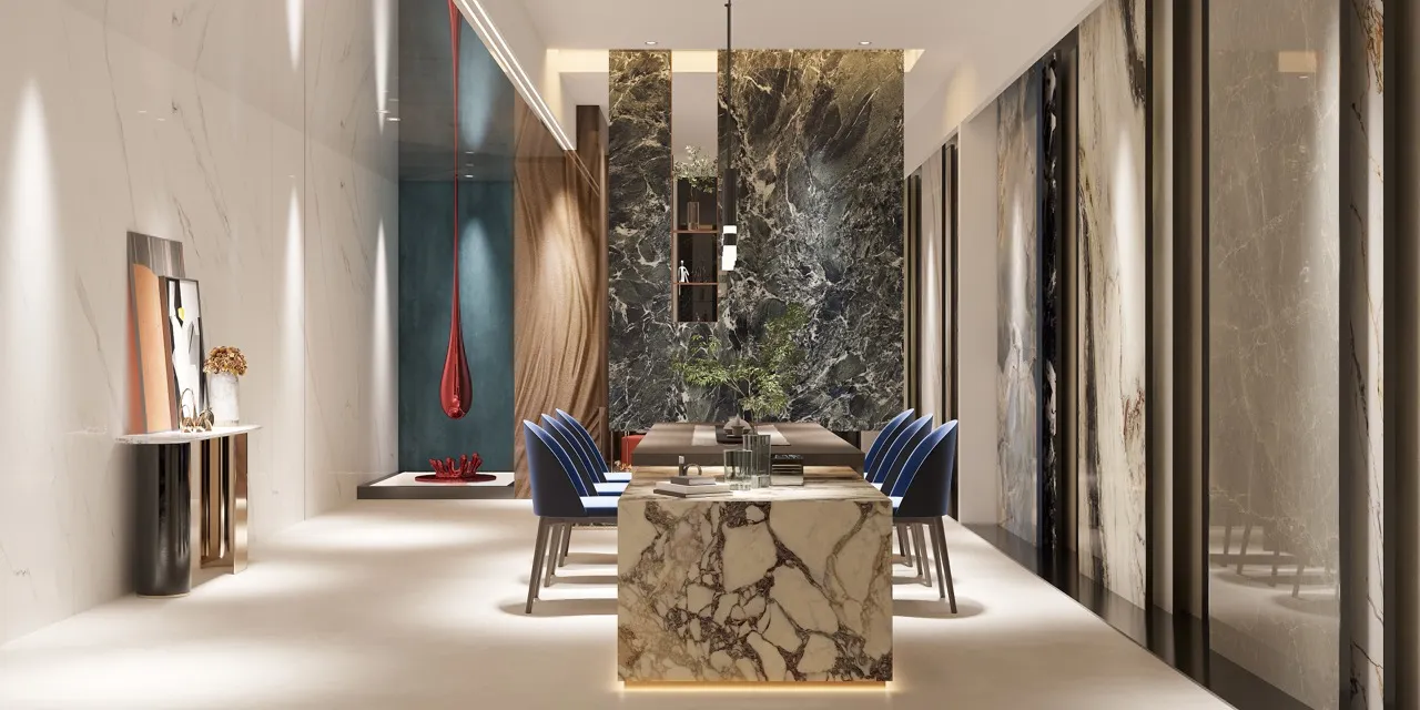 Glossy white sintered stone countertop application with purple marble veining in luxury interior space