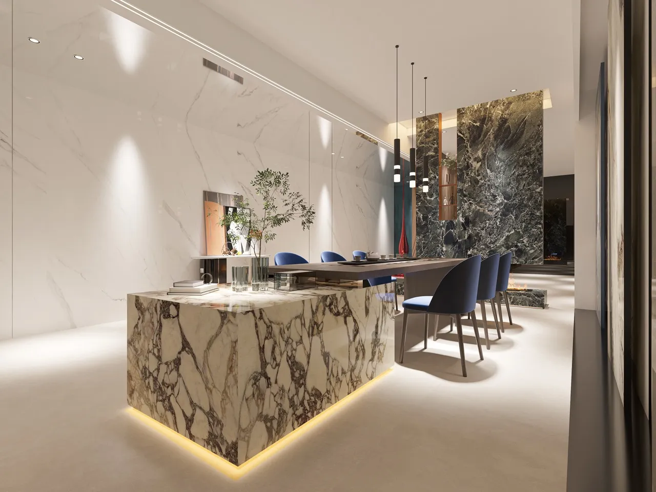 Large format glossy white sintered stone countertop with purple marble veining
