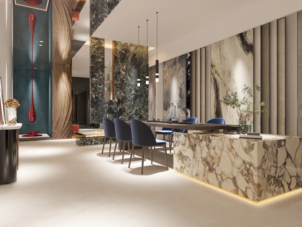 Marble look glossy white sintered stone countertop and decorative wall application