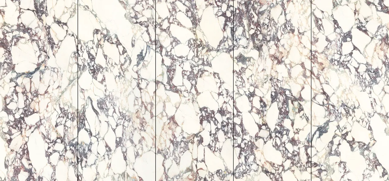 5-piece layout of glossy white sintered stone with purple marble veining