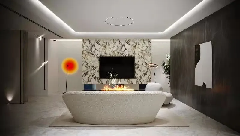 Glossy white sintered stone feature wall with purple marble veining in modern interior space