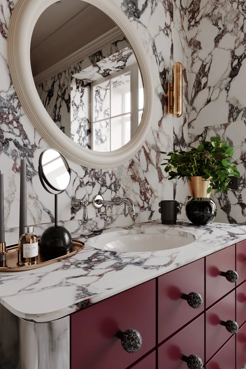White marble look sintered stone bathroom countertop and backsplash surface with purple veining