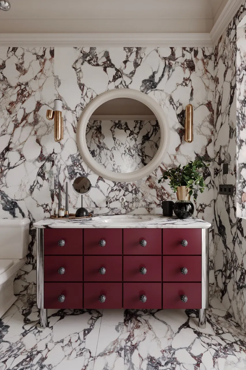Marble look white sintered stone bathroom wall and countertop application with purple marble veining