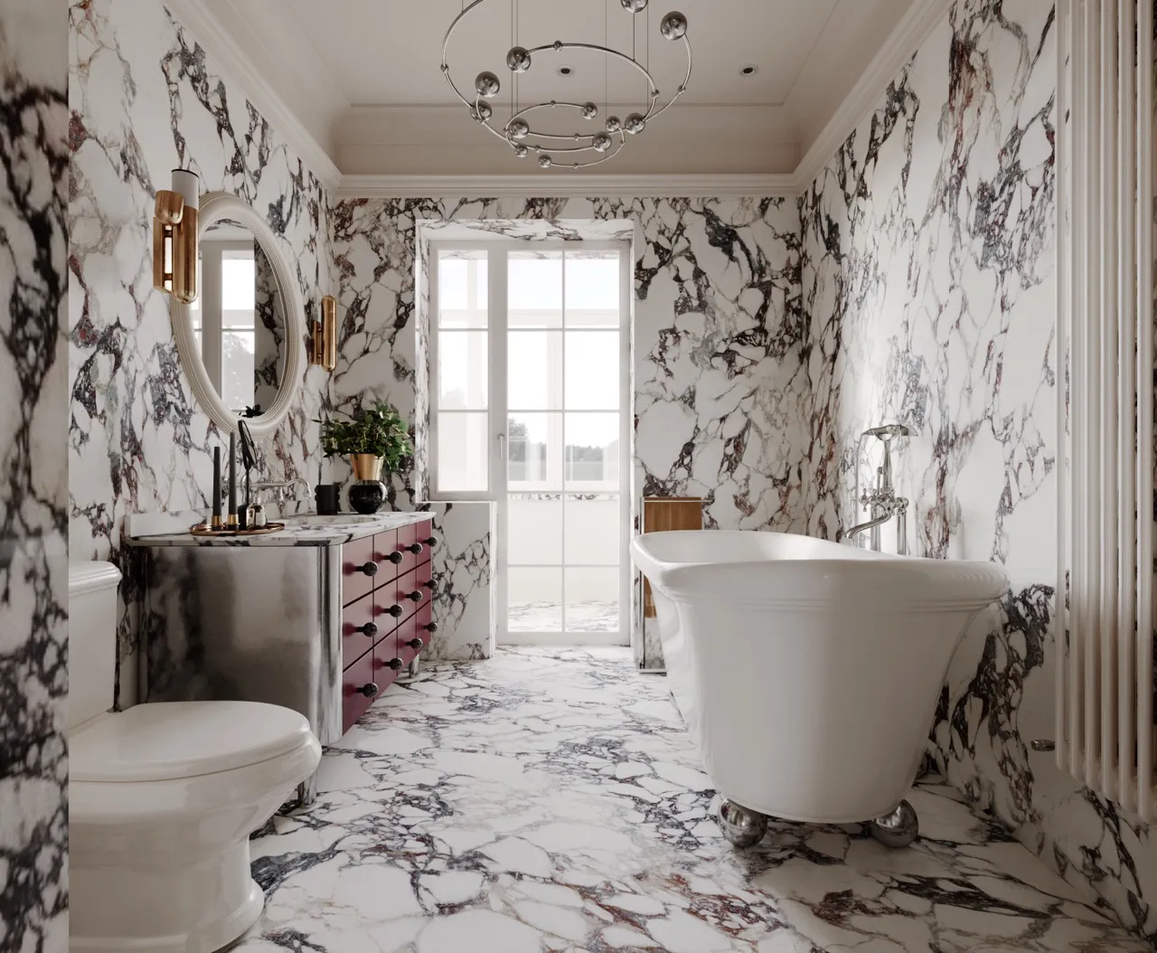 Large format marble look white sintered stone bathroom wall and flooring application with purple veining