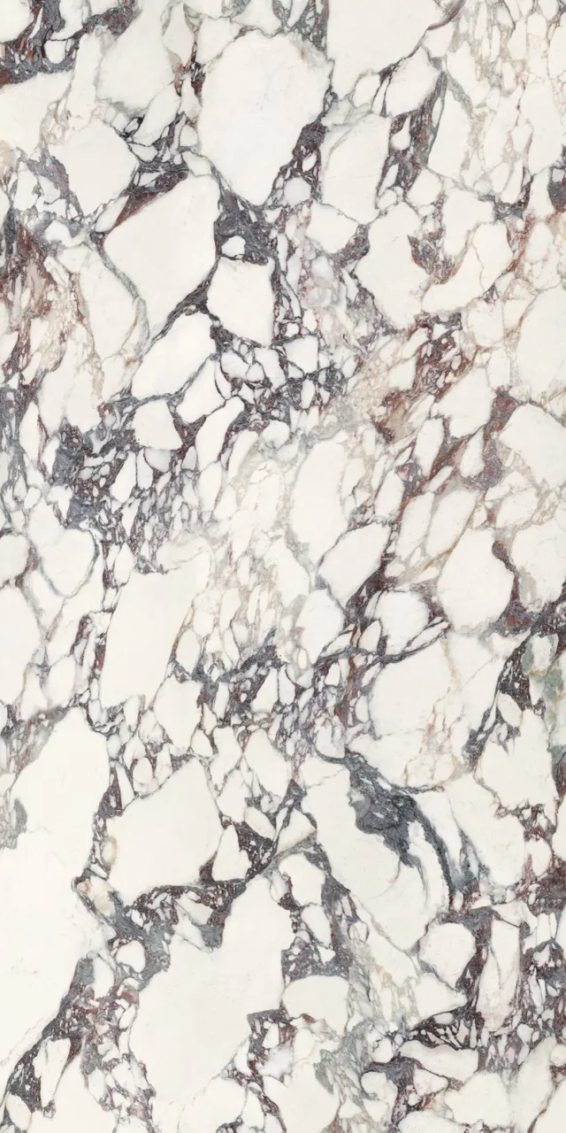 Large format marble look white sintered stone slab with purple veining matte textured glazed surface