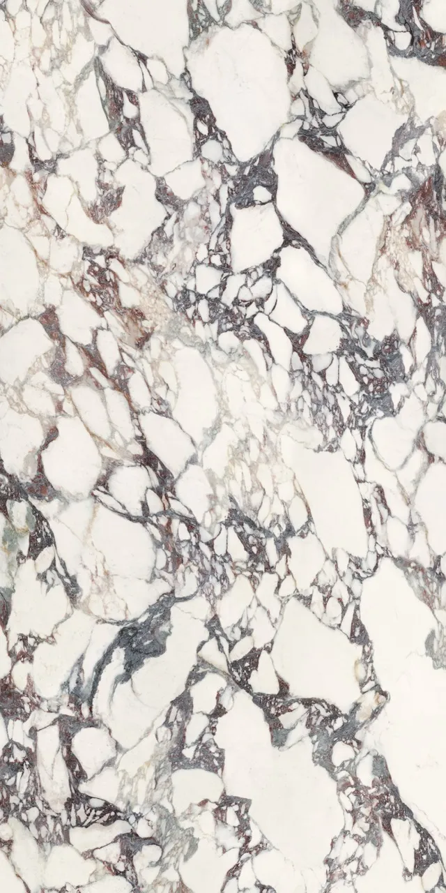 Large format white sintered stone slab with purple marble veining matte glazed finish