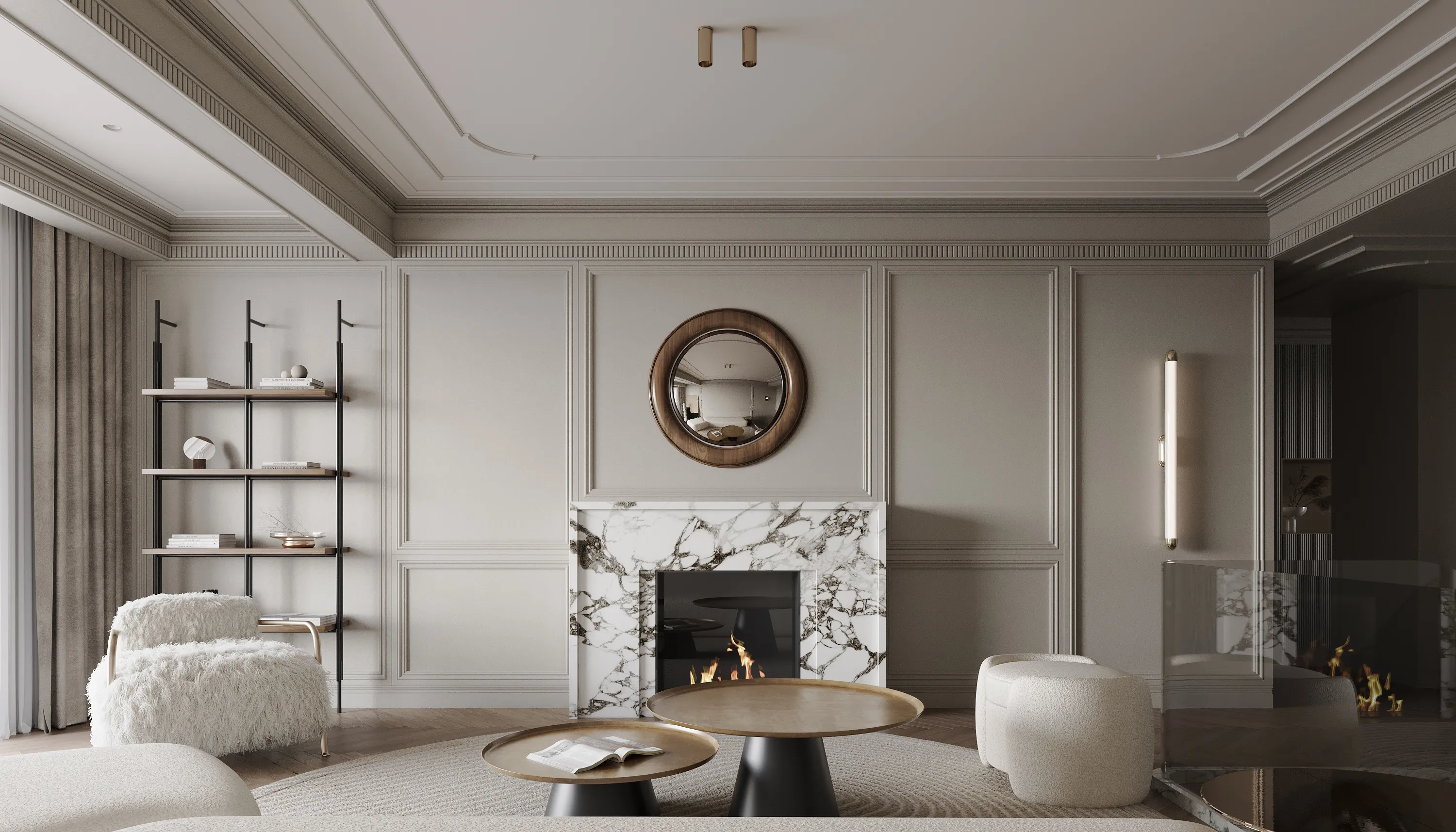 Marble look white sintered stone fireplace wall application with black marble veining