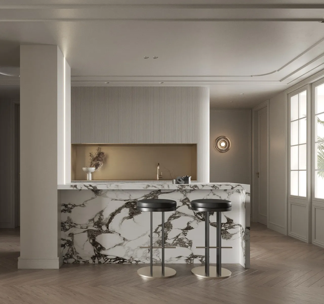 White marble look sintered stone countertop and bar island surface with black vein design