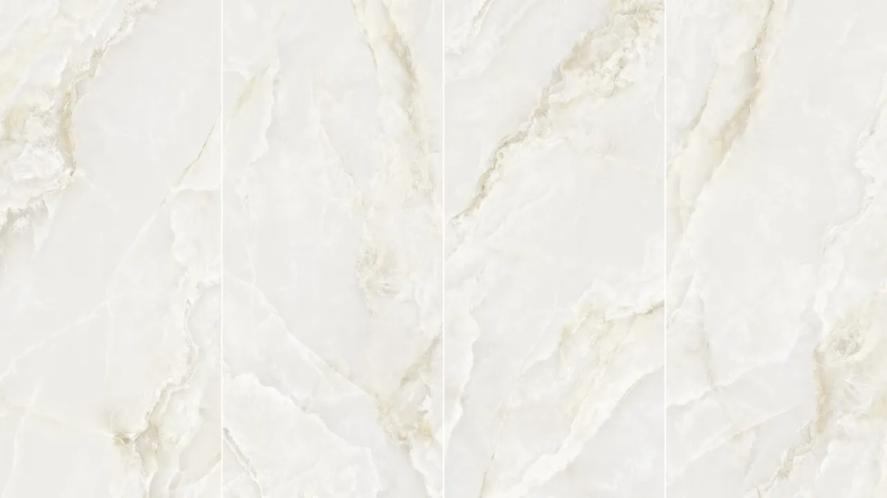 four face continuous vein glossy white onyx look sintered stone slab with seamless pattern transition