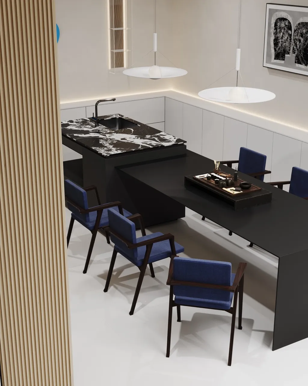 1600x3200x12mm glazed matte basalt black sintered stone kitchen countertop featuring a dramatic black surface with striking white veining in a contemporary kitchen design.