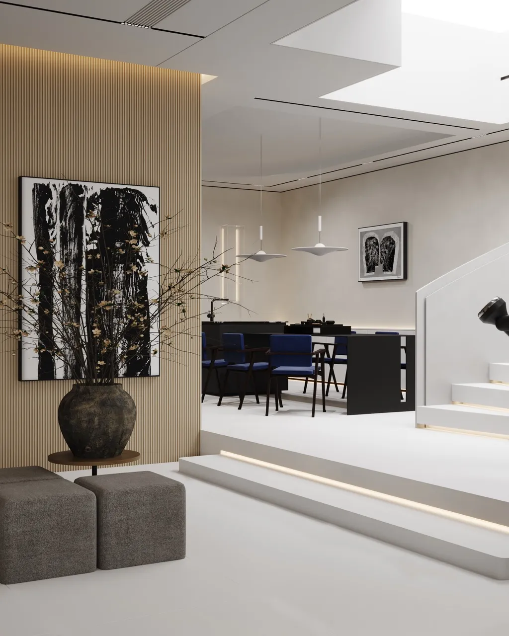 Modern interior featuring a glazed matte basalt black sintered stone kitchen island and countertop integrated into a minimalist open-plan living space.