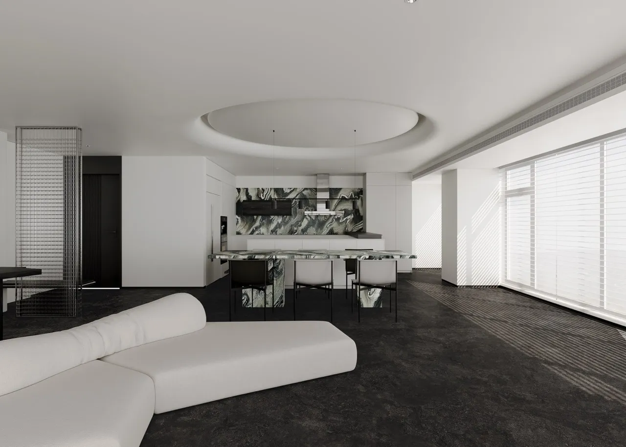 Modern kitchen featuring black limestone look sintered stone floor with matte textured finish