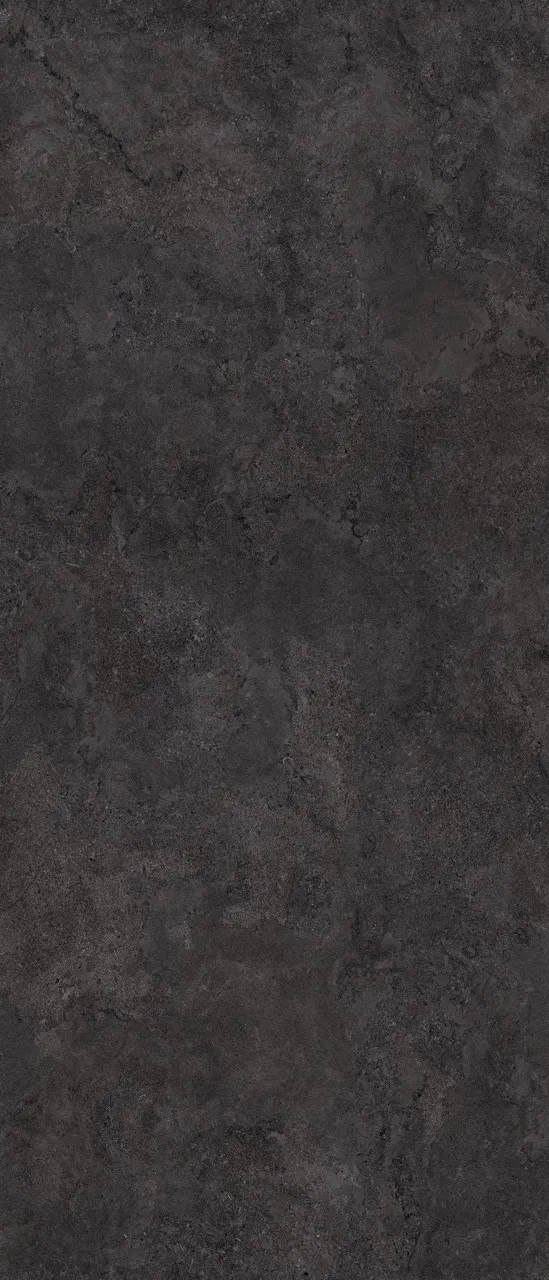 Black limestone inspired sintered stone slab with matte textured finish for kitchen floor and commercial applications