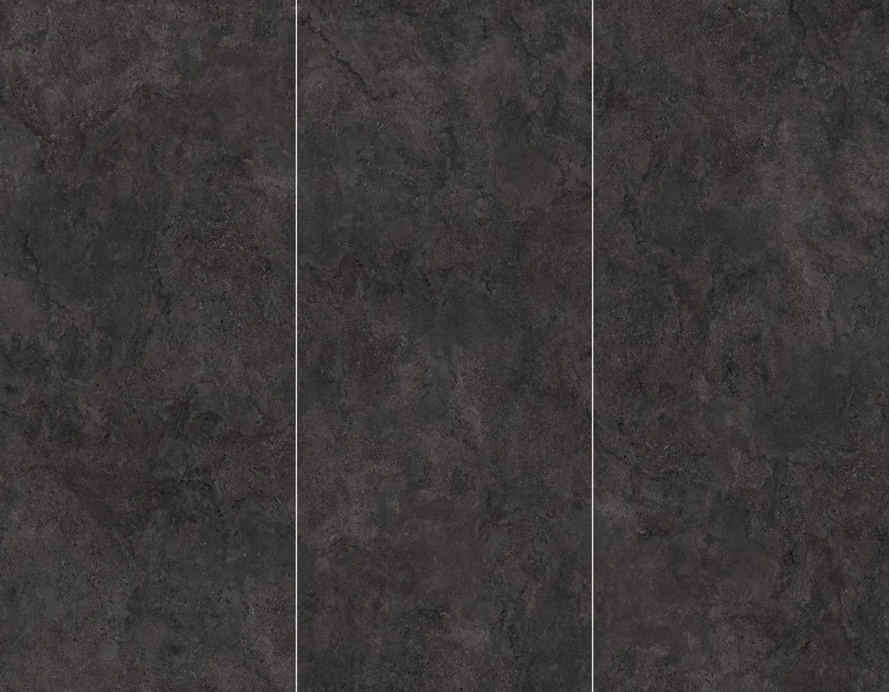 Three slab layout of black limestone look sintered stone showing continuous natural stone texture