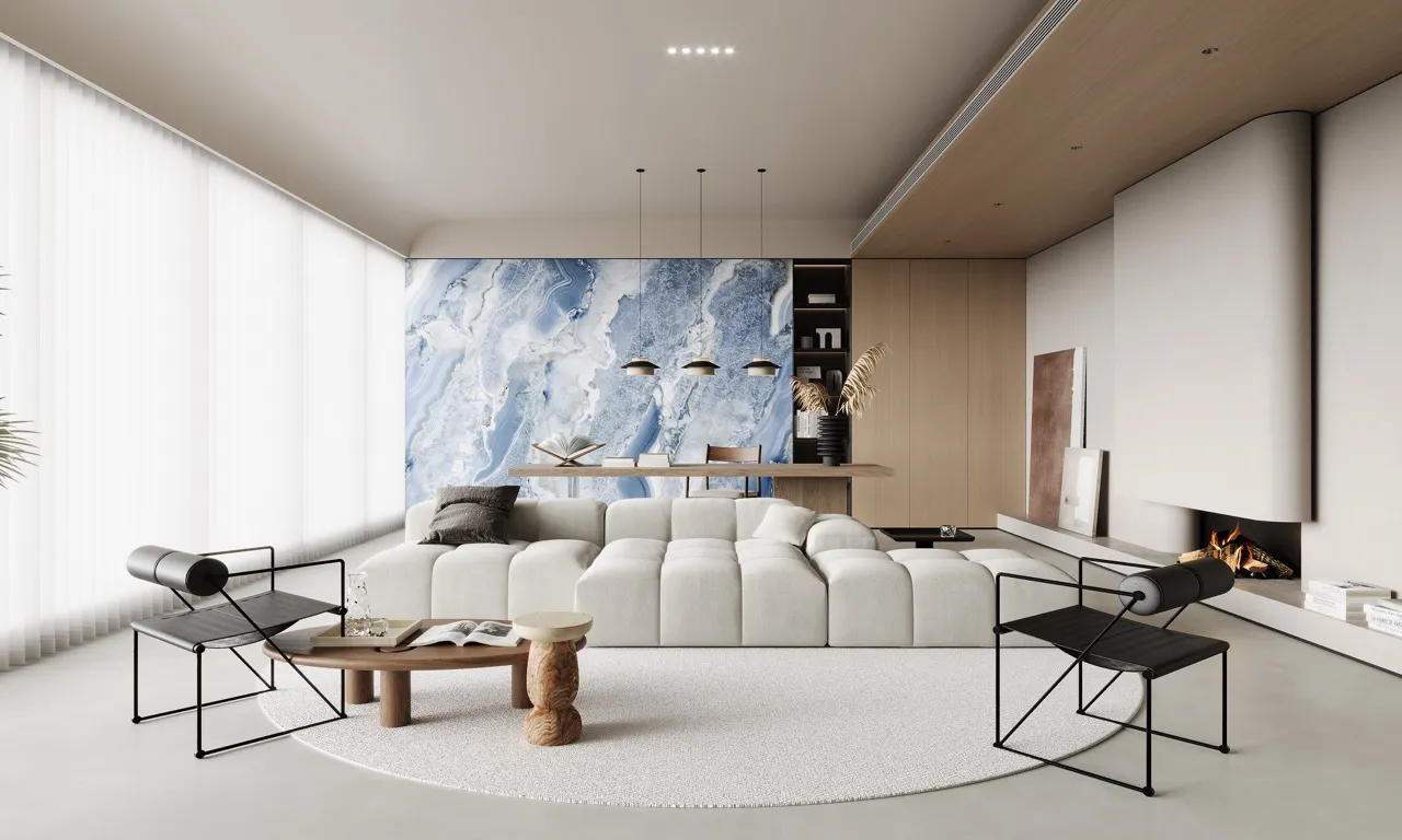 blue onyx look sintered stone feature wall in modern luxury living room interior