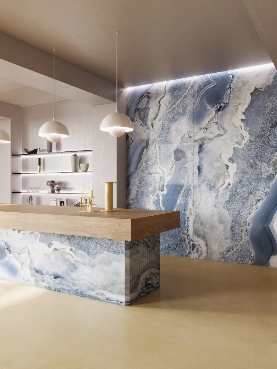 blue onyx look sintered stone wall and reception counter cladding in luxury commercial interior