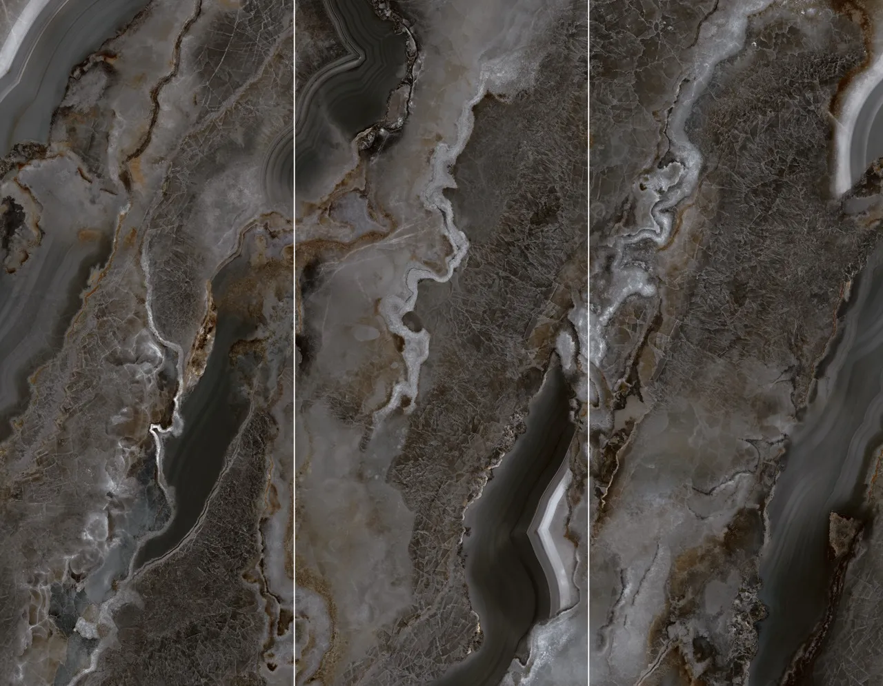 Bookmatched Black Onyx Look Glossy Sintered Stone Slab Layout