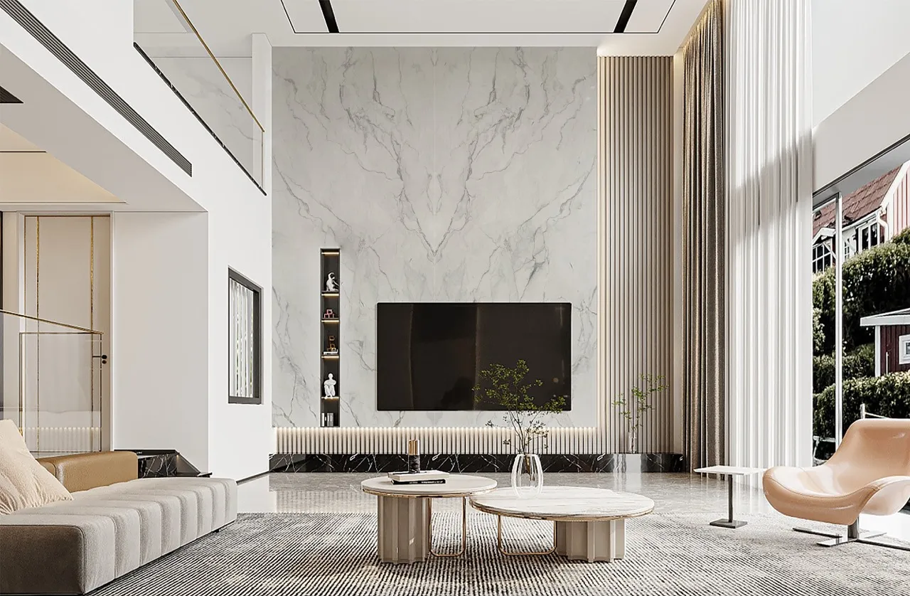 Bookmatched White Marble Look Sintered Stone Feature Wall MA1632266ST12