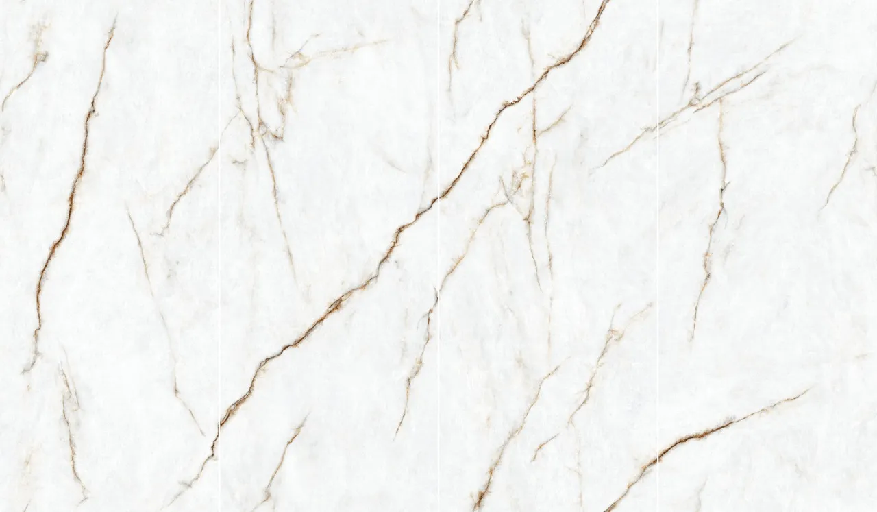 Four Piece White Onyx Look Sintered Stone Slab Layout with Gold Veins