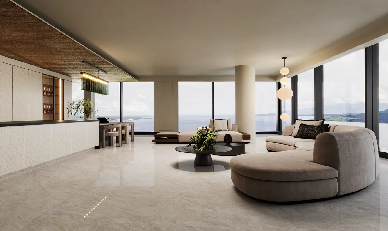 modern luxury living room using glossy beige marble look sintered stone flooring with large format surface design