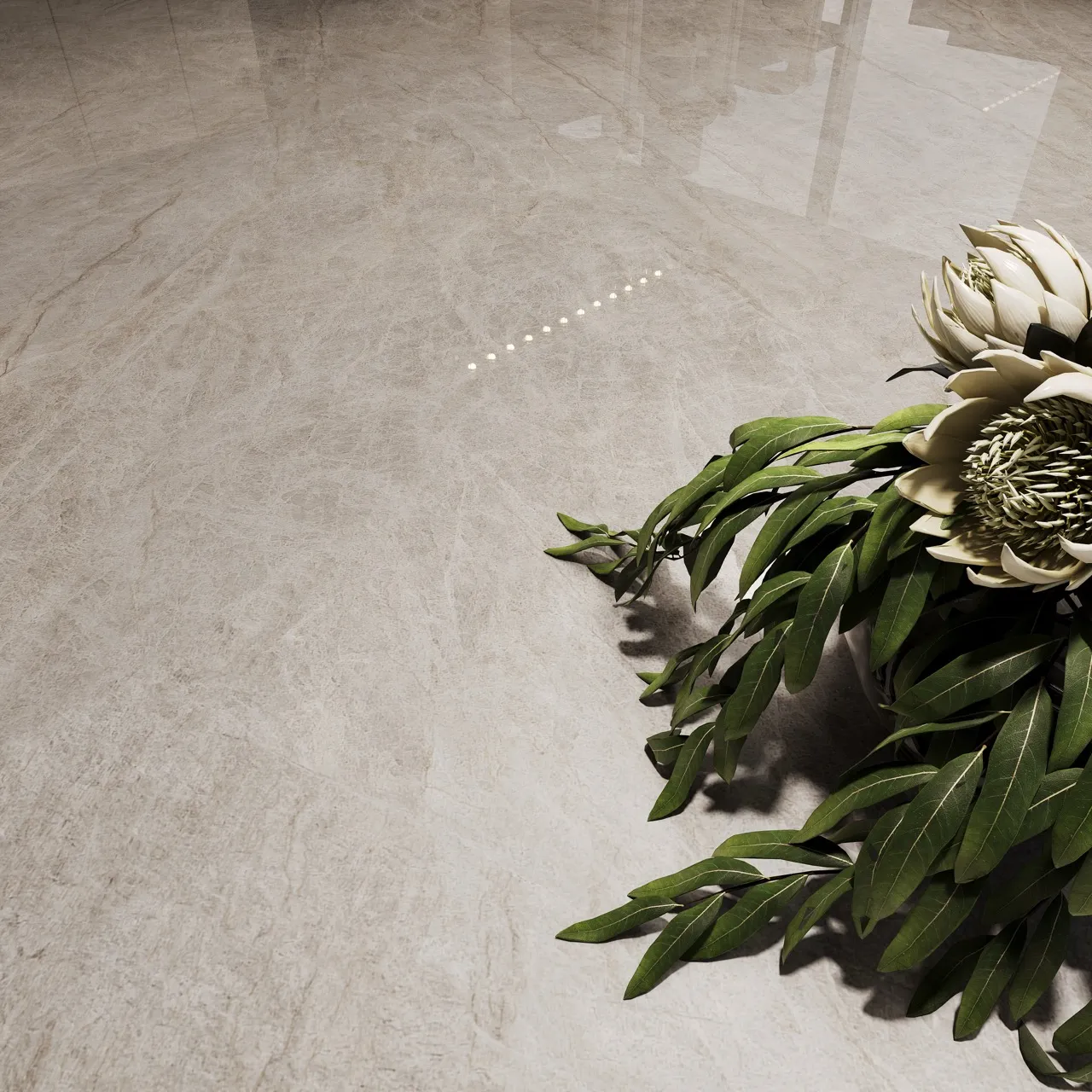 close-up texture of glossy beige marble look sintered stone showing natural veining and glazed surface details