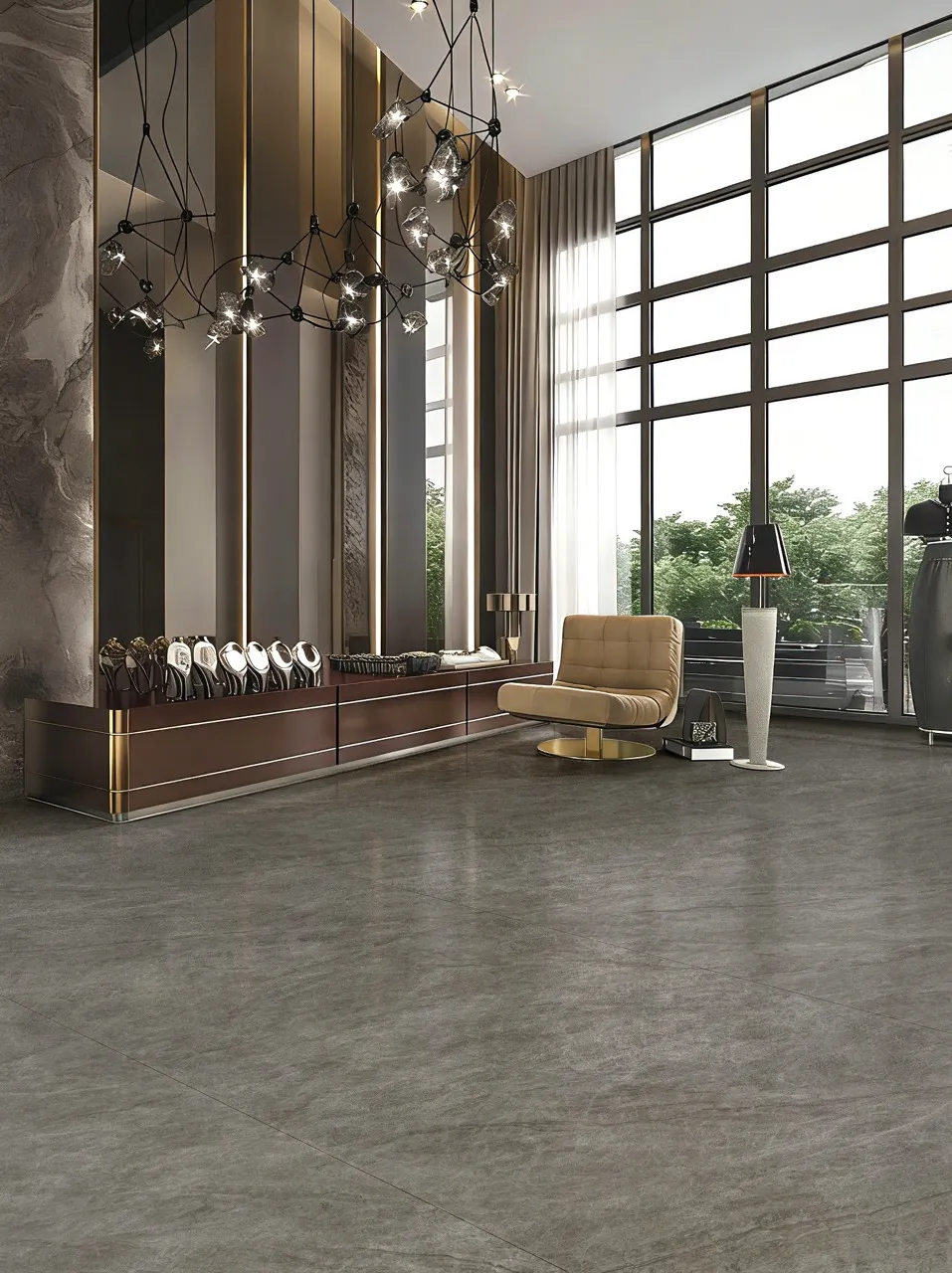 modern interior space using glossy gray marble look sintered stone flooring with polished surface finish