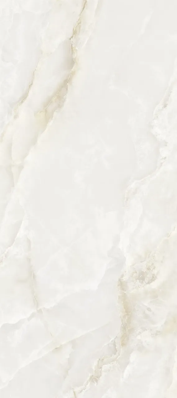 glossy white onyx inspired sintered stone slab with polished surface and natural flowing mineral texture
