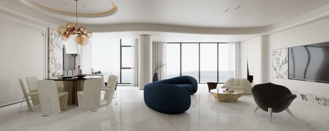 modern dining and living interior with glossy white onyx effect sintered stone floor surface