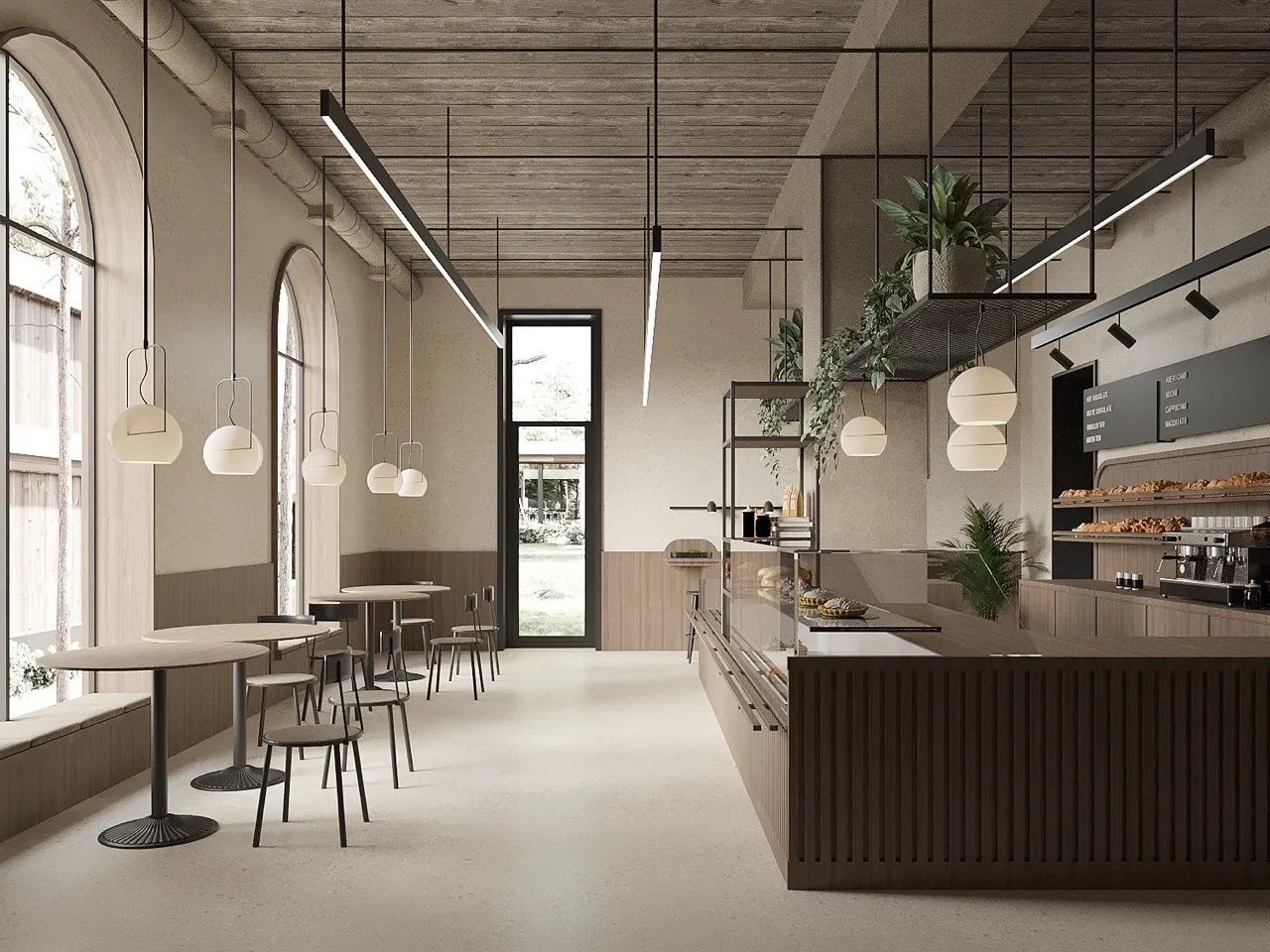 Modern café interior featuring gray white terrazzo look sintered stone flooring with a glazed matte finish designed for high traffic commercial spaces.