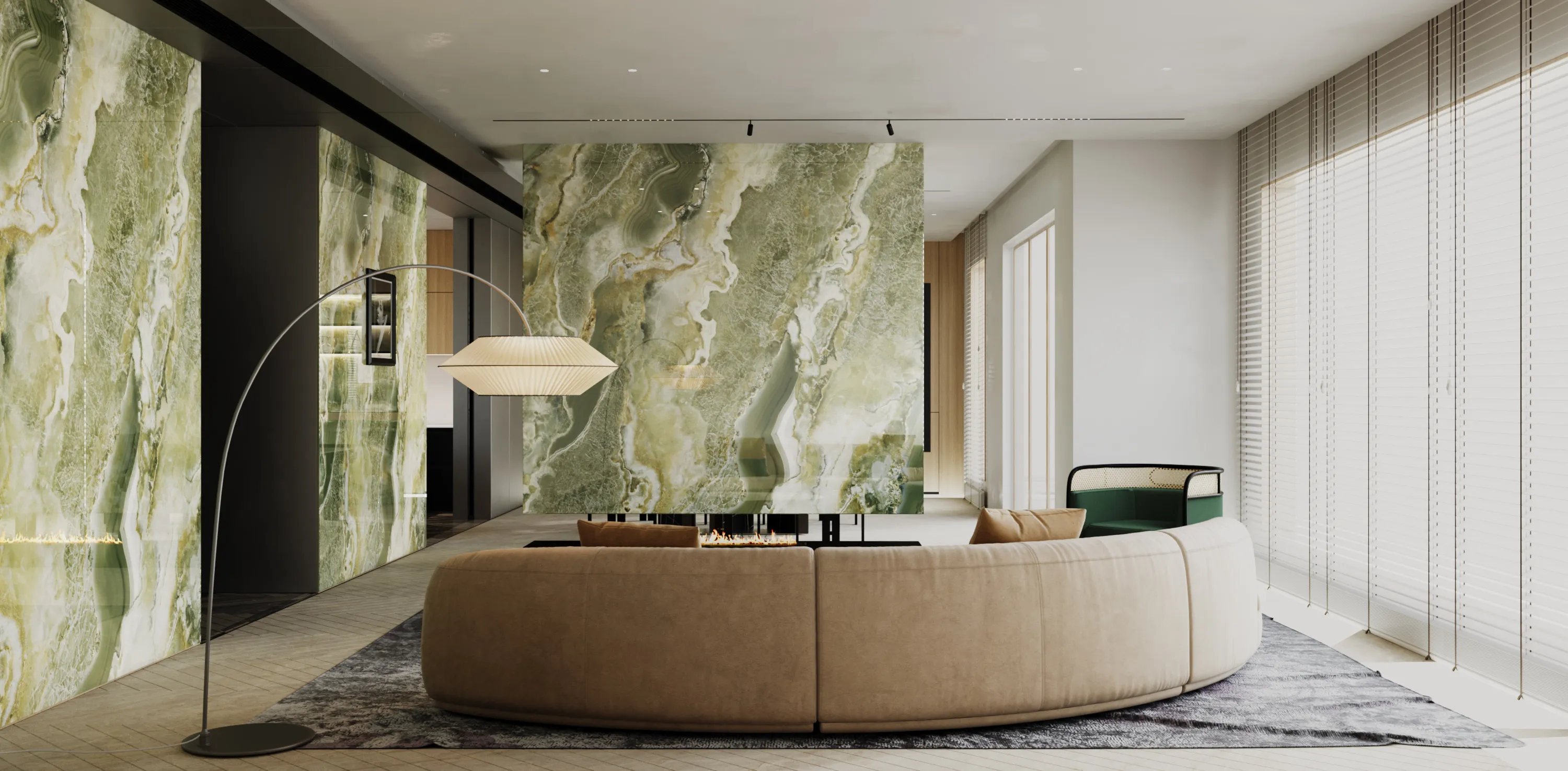 green onyx look sintered stone feature walls in luxury contemporary living room interior