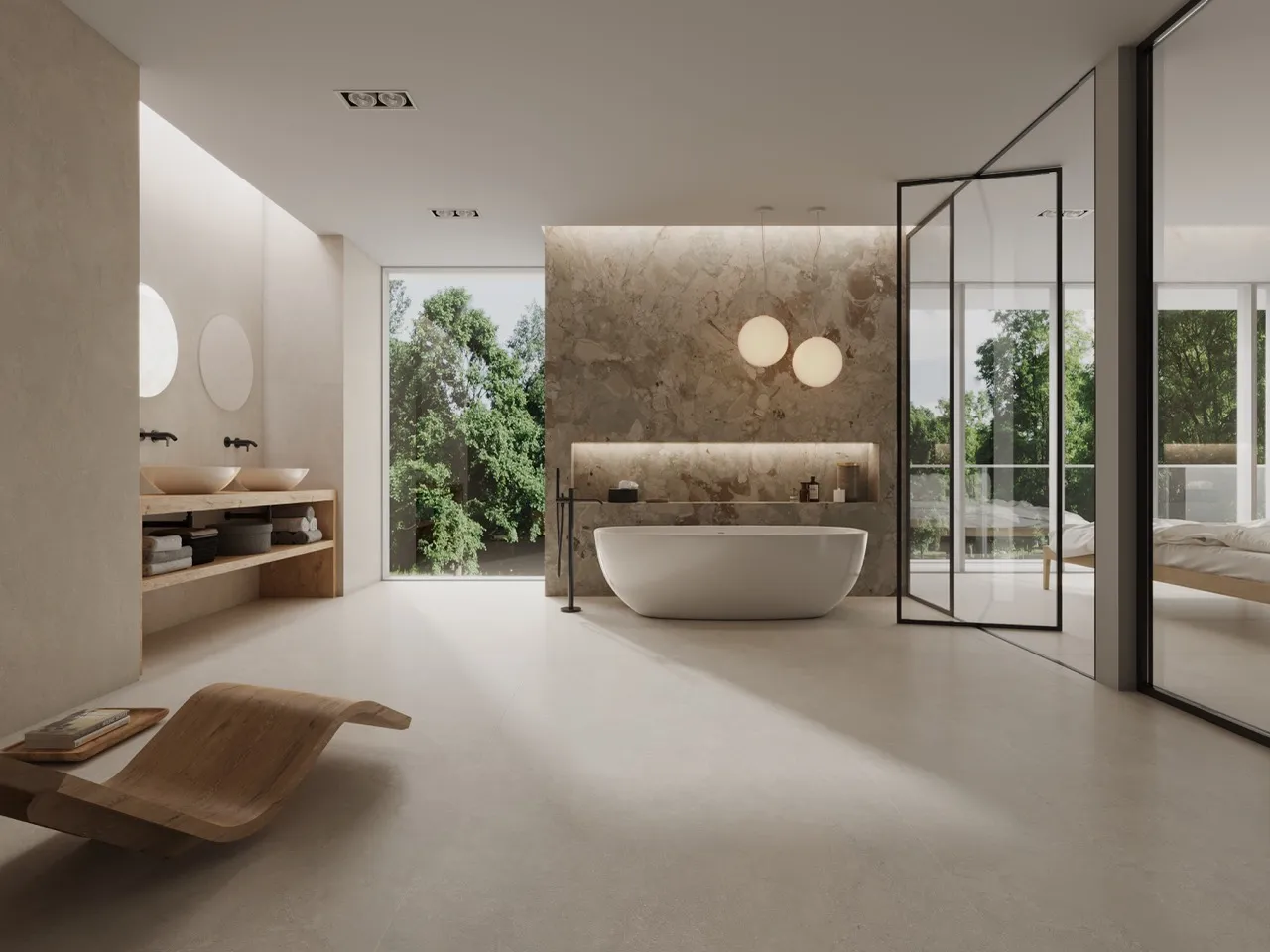 Modern bathroom featuring ivory white limestone look sintered stone on floor and wall surfaces