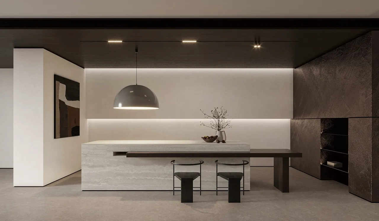 ivory white limestone look sintered stone used in modern kitchen wall and island design