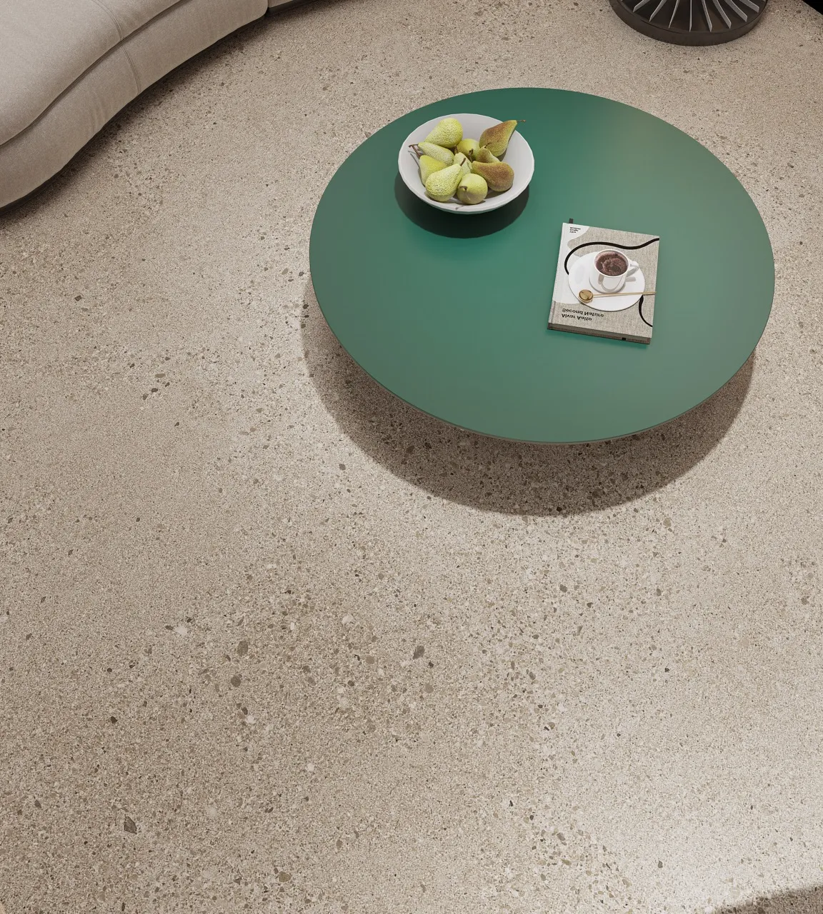 Detail view of light gray terrazzo look sintered stone flooring with matte glazed finish in a contemporary interior setting.