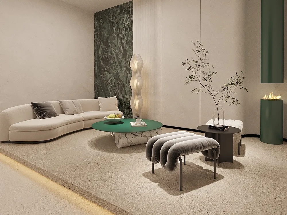 Modern living room featuring light gray terrazzo look sintered stone flooring with a glazed matte finish and contemporary interior design.